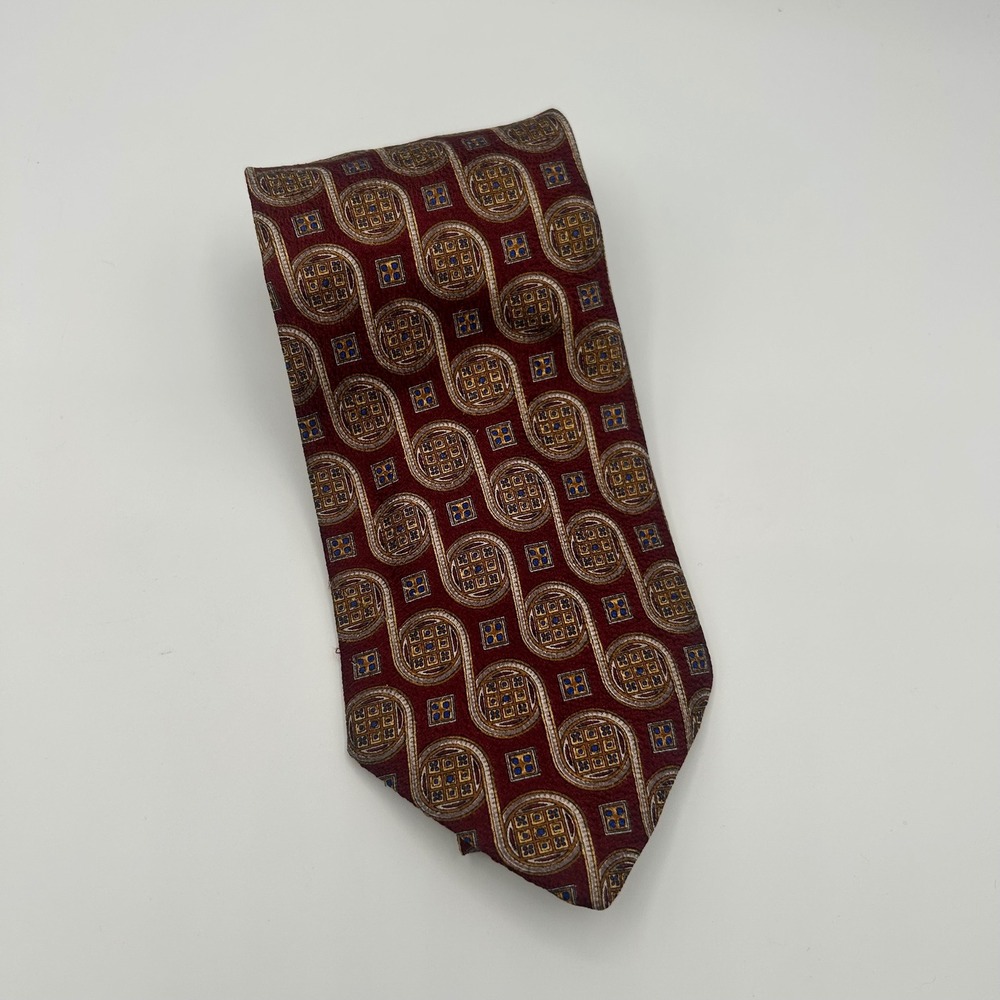 Valentino Cravatte Mens Silk Tie Burgundy Gold Geometric Medallion Made in Italy